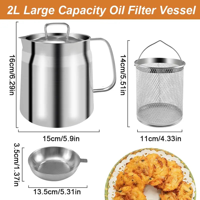 3-in-1 Oil Filter Fryer Pot — 2L Stainless Steel