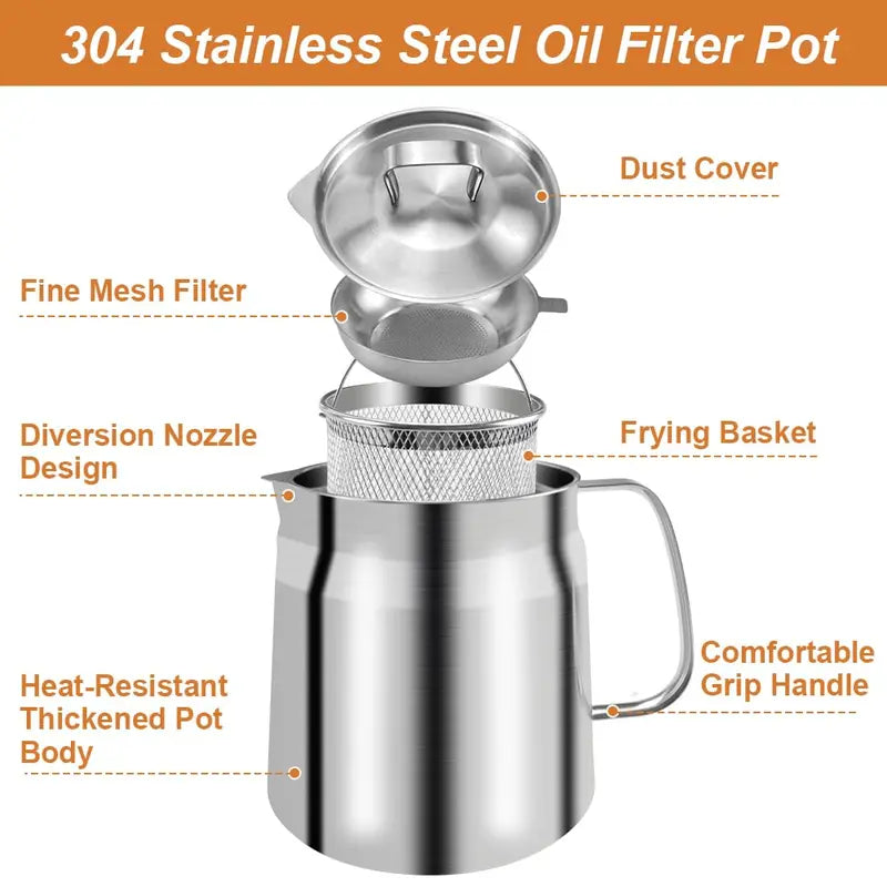 3-in-1 Oil Filter Fryer Pot — 2L Stainless Steel