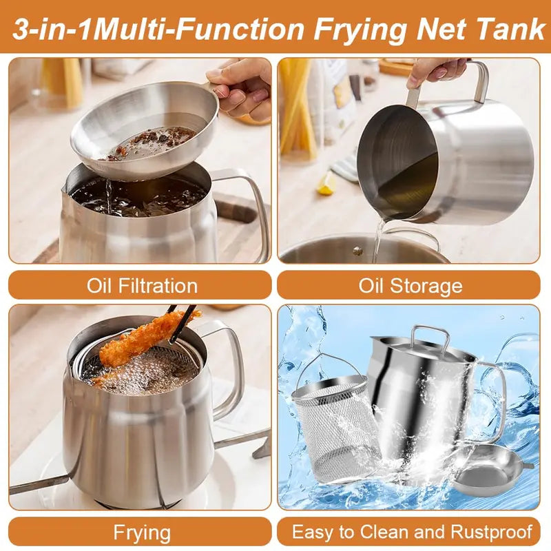 3-in-1 Oil Filter Fryer Pot — 2L Stainless Steel